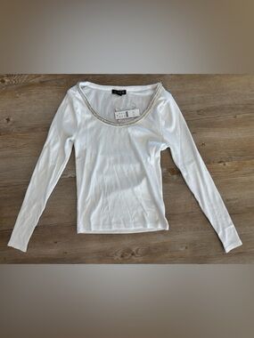 J. Crew White Long-Sleeve Scoop Neck Top with Beaded Trim